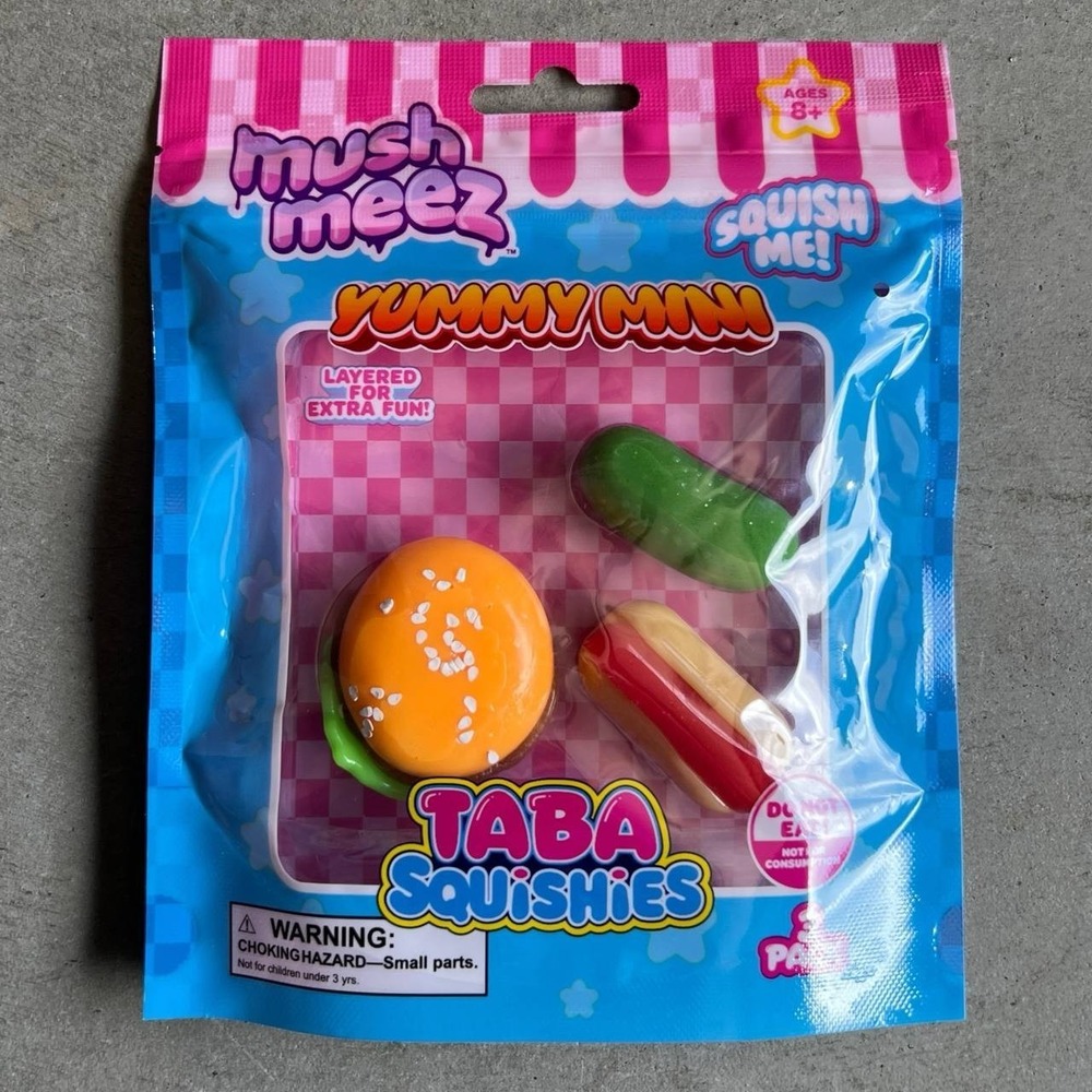 Mush Meez Taba Squishies Yummy Mini Burger Hot Dog & Pickle New